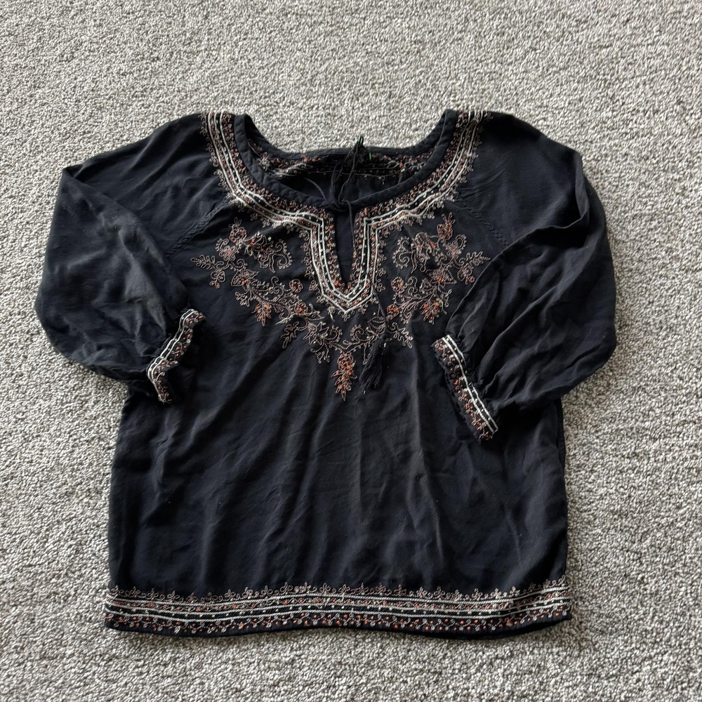 Lucky Brand Blouse Womens S Black Embroidered Boho Peasant 3/4 Sleeve Tunic